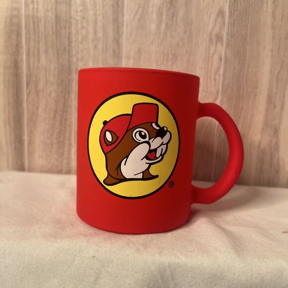 BUC-EES Gas Station Red Rubber Coated GLASS COFFEE MUG - Cute! - Picture 1 of 6